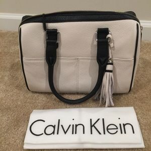 Calvin Klein Leather Small Satchel Bag in Cream